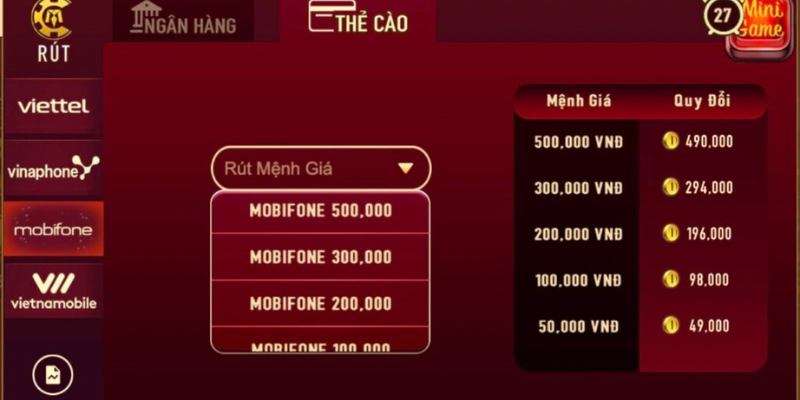 Rút tiền qua đổi thưởng thẻ cào 